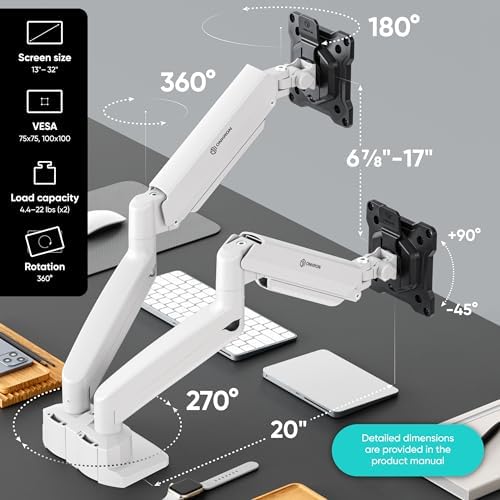 ONKRON Dual Monitor Arm 13-32 Inch, 22 lbs (x2), VESA 75x75-100x100, White
