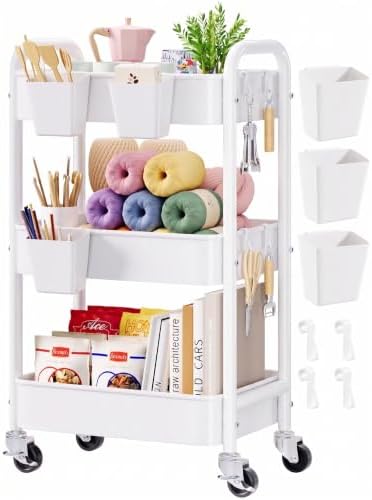 3 Tier Rolling Cart Metal with Wheels, White Three Tiered Carts on Wheels
