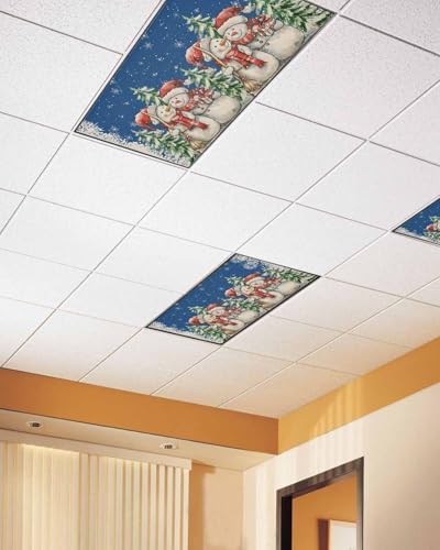 Blue Christmas Magnetic Fluorescent Light Covers for Ceiling Lights 2 x 4 Feet,Snowman Snowflakes Green Pine Tree Retro Office Classroom Kitchen Drop Ceiling Light Covers Filters Shade Panel 4 Packs