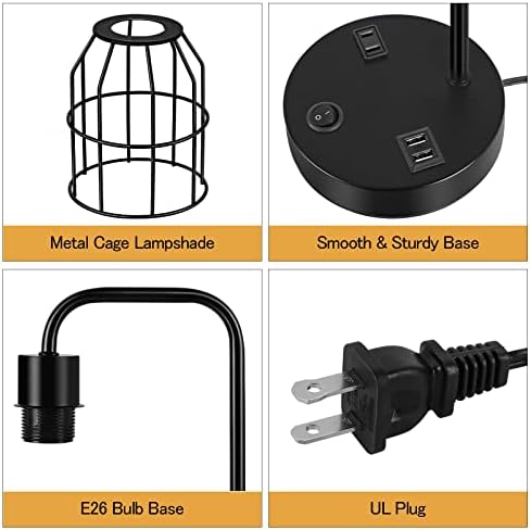 BTY Bedside Lamps Set of 2 Industrial Table Lamp with Dual USB Charging Ports and 2 Prong AC Outlet Farmhouse Nightstand Desk Lamps Edison Lamp with Metal Wire Cage for Bedroom Living Room