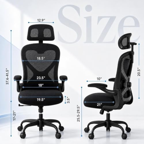 Ergonomic Office Chair for Long Hours and Back Pain Relief, Space-Saving Design with Adjustable Lumbar Support, Flip-Up Arms, 3D Headrest, Tilt & Rock, 330 LBS, Black/Carbon Fiber