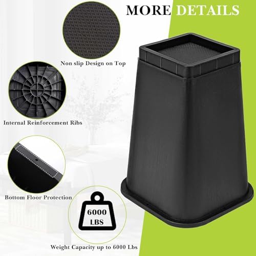 4 Pack Furniture Risers 8 Inch, Bed Risers Heavy Duty for Table Desk Couch Chair Sofa Cabinet Bed Frame Dorm, Square Table Leg Risers Lift Height 8", Black
