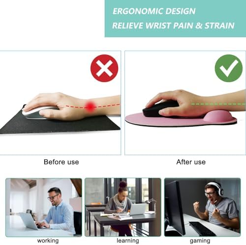 Mouse Pad with Wrist Support, Ergonomic Mouse Pad with Memory Foam Wrist Rest Cushion, Non-Slip Rubber Base Gaming Mice Pad for Home Office Computer Laptop, Pink
