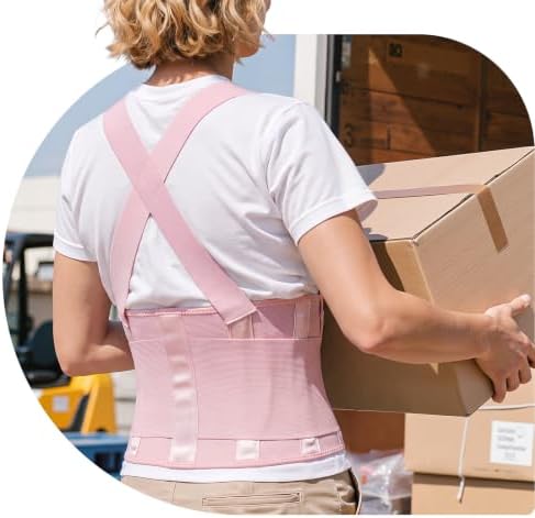 Work Back Brace for Men & Women, Adjustable Lower Back Support Belt for Sciatica, Herniated Disc, Pain Relief, Moving Construction Warehouse Heavy Lifting Safety & Protection (Pink, Small)