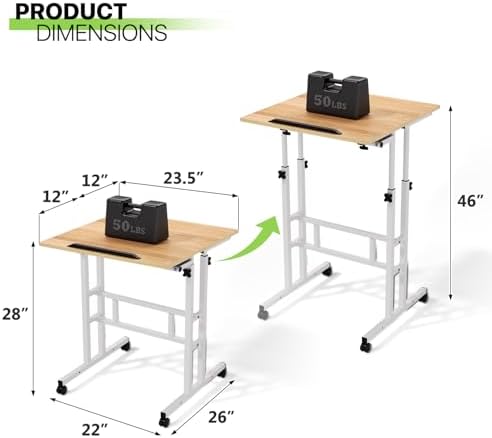 Magshion Rolling Standing Desk with Wheels, Height Adjustable Laptop Desk for Walking Pad, Mobile Workstation with Tilt Top, 28" to 46" Height Range for Home Office & Small Spaces, Natural