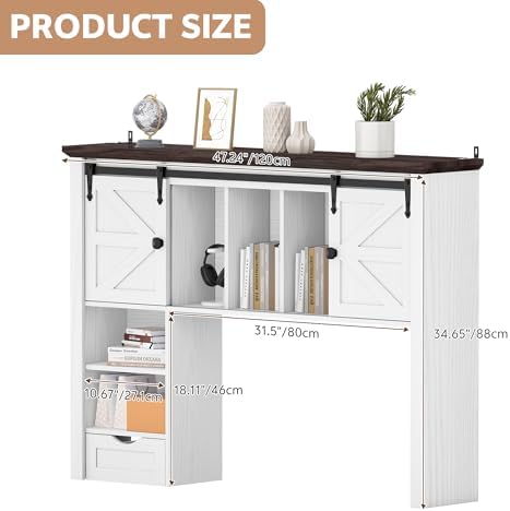 Large Desktop Bookshelf, 47.2" Desk Shelf with Sliding Barn Door
