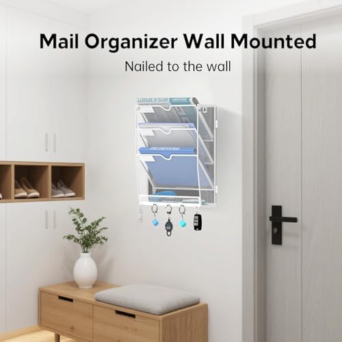 4-Tier Wall File Organizer and Mail Organizer with 5 Hooks, White