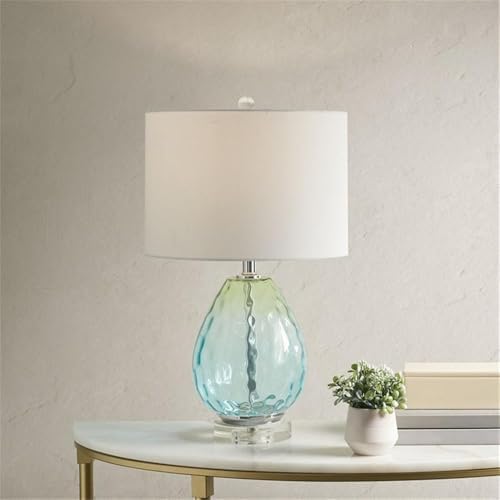 Pemberly Row Contemporary Table Lamp, 23.5" H, Blue-Green Glass Base, White Drum Shade, Adjustable Tilt, 72-Inch Clear Cord, Includes Spiral CFL Bulb, Modern Lighting for Living Room or Bedroom Use