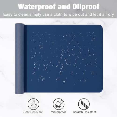 Hsurbtra Desk Pad, 23.6" x 13.8" PU Leather Desk Mat, M Extended Mouse Pad, Waterproof Desktop Blotter Protector, Non-Slip Ultra Thin Small Laptop Keyboard Writing Mat for Office Home, Navy Blue