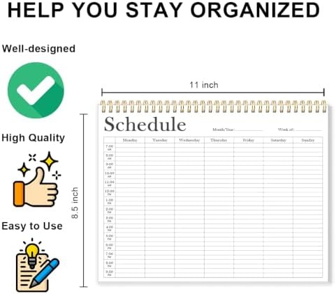 Weekly Schedule Planner - 8.5" x 11" Weekly Schedule Pad, Desk Planner for Home, Work, School, Projects, 52 Weeks, Black