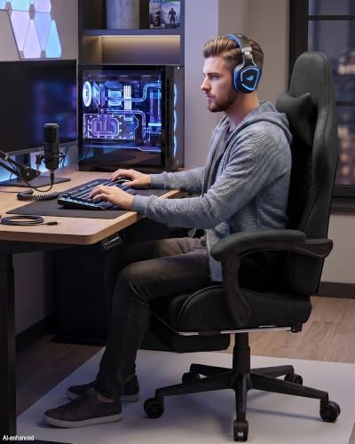 LUCKRACER Gaming Chair with Footrest and Pocket Spring Cushion, 90°-155° Reclining Ergonomic Computer Chair, 4" Height Adjustable, Lumbar Support, SGS Class 3 Gas Lift, Black
