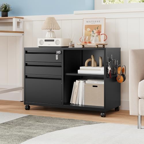 MIIIKO 3 Drawer File Cabinet with Lock, Metal Lateral Rolling Printer Stand Office Storage Filing Cabinets for Home Office,A4, Letter,File Folders(Black)