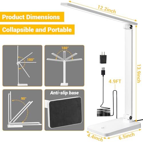 LED Desk Lamp for Home Office, 3 Levels Dimmable Desk Light with USB Charging Port, Reading Lamp for Table Study Work Office Nail Craft Puzzle, White, 5000K