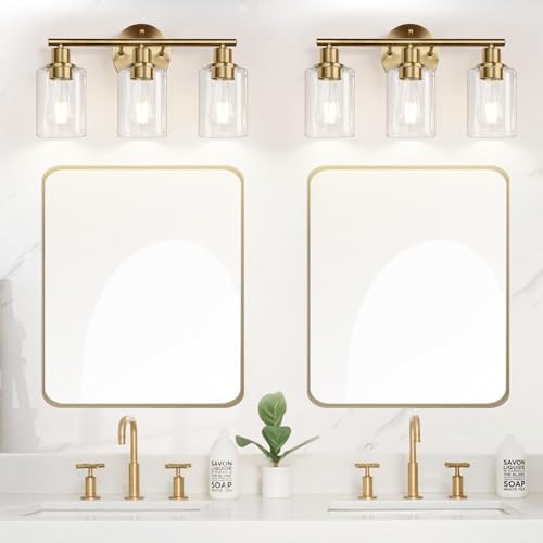 Zarbitta 3-Light Bathroom Light Fixtures, Brushed Brass Bathroom Wall Lights with Clear Glass Shade, Modern Bathroom Wall Lamp for Mirror Kitchen Living Room Hallway Cabinet