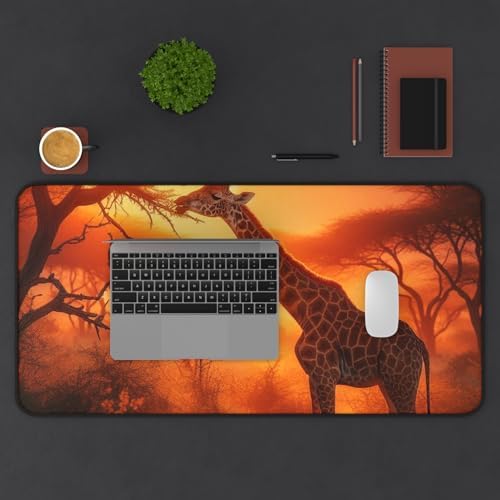 Giraffe Stretching to Nibble Leaves Glowing with Sunset Light - Vibrant Colors Premium Desk Mat