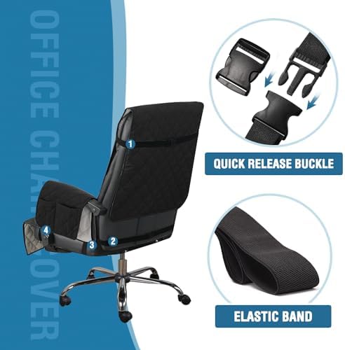 H.VERSAILTEX Water-Resistant Office Chair Protector – Universal High-Back Cover with Non-Slip Buckles, Fits Executive,Gaming and Desk Chairs (Black/Grey, Washable)