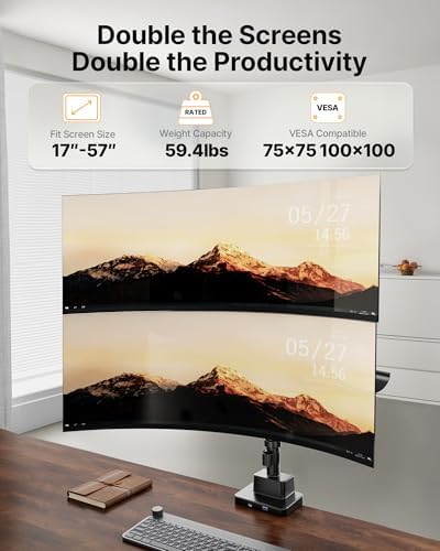 monTEK Dual Ultrawide Monitor Arm for 17-57" Screens, USB, Black
