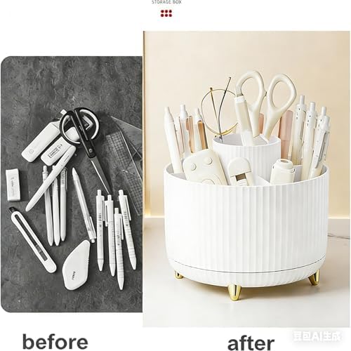 Pencil Pen Holder 5 Slots 360°Degree Rotating Pen Organizers for Desk Desktop Storage Stationery Supplies Cute Pencil Cup Pot Kids Desk Organizer for Office Home School（White 2