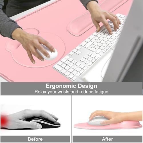 Dapesuom Large Gaming Mouse Pad, Pink Mouse Pads with Wrist Rest Wrist Support, 4in1 Big XXL Desk Mat Desk Pad + Ergonomic Mousepad + Memory Foam Keyboard Mat Wrist Rest + Coaster Set for Computer
