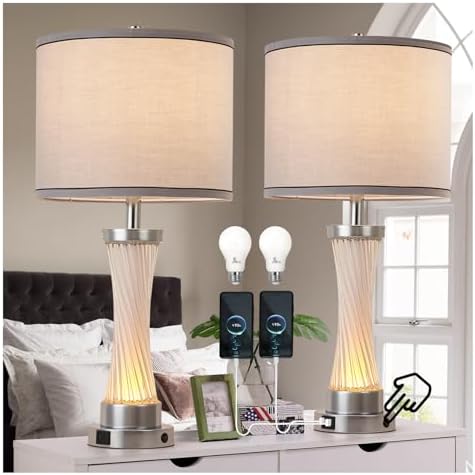 3-Way Dimmable Table Lamp Set of 2,Touch Control Lamp with Night Light,Modern Crystal Table Lamps for Bedroom,Living Room，Bedside Lamps with USB A+C Ports，Fabric Lampshade(Blubs Included)