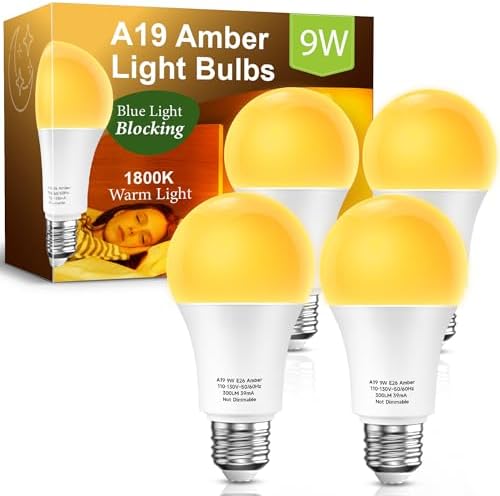Amber Light Bulbs for Sleep 4 Pack: 1800K, 9W 60W Equivalent, E26
