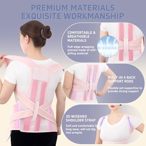 Posture Corrector for Women and Men, Full Back Brace for Posture Support, Adjustable Upper Back Brace with Waist Belt, Shoulder Straightener for Hunchback, Back Support for Work, Home, Office Pink, XX-Large