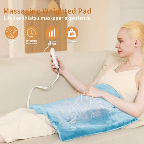 SAROO Massaging Weighted Heating Pad for Back Pain Relief,12"*24",Sky Blue