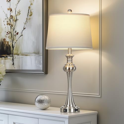 28.75" Silver Table Lamps for Living Room,Touch Lamps for Bedrooms Bedside Lamp 3-Way Dimmable Touch Control, Modern Silver Nightstand Lamp Fabric Shade Mid Century Accent Style（Bulb Inclued）