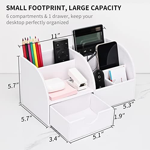 KINGFOM Pu Leather Desk Organizer Pen Pencil Holder Office Supplies Caddy Storage Box 6 Compartments with Drawer White (Full Pu Leather)