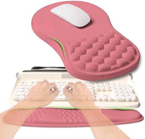 2-in-1 Ergonomic Set, Wave Rise Keyboard Wrist Rest and Massage Bulge Slope Mouse Pad Wrist Support, Cushion Memory Foam Integrated to Relieve Wrist Pain, Muskmelon Pink