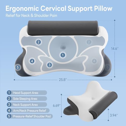 Sweetcrispy Cervical Pillow for Neck Pain, Ergonomic Contour Memory Foam Pillow with Detachable Roll Support, Cooling Breathable Cover for Side Back Stomach Sleepers