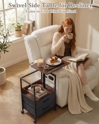 Faesun Night Stand with Charging Station & Swivel Top, Walnut Gray
