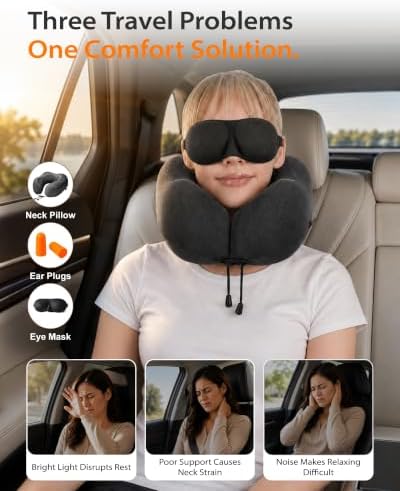 MLVOC Airplane Travel Neck Pillow for Sleeping, 3D-Eye Mask & Earplugs Kit