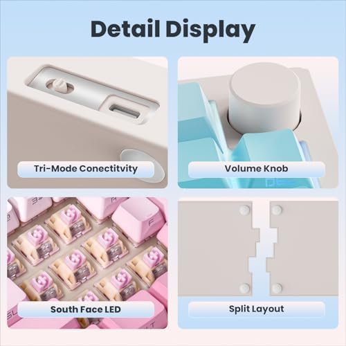 ZORNHER ST68 Wireless Ergonomic Split Mechanical Keyboard,65% Pink & Blue Custom Creamy TKL Keyboard with Knob,Lighted Up PBT Keycaps,Pre-lubed Linear Switches,Hot-Swappable,RGB Backlit