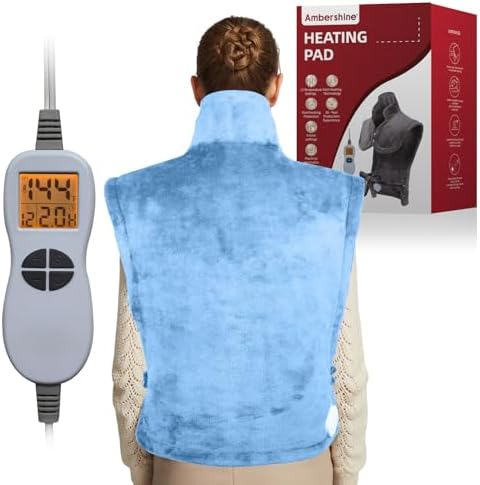 Ambershine 26"x35" XXXL King Size Neck& Shoulder& Back Heating Pad with 12 Temperature Settings& 4 Auto-Off Countdown Timers, Pain Relief for Back/Neck/Shoulder(Light Blue)