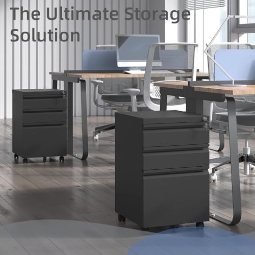 Guizeeopo Filing Cabinets for Home Office, Mobile File Cabinet with Lock, 3 Drawer Filing Cabinet for A4/Letter/Legal Size Folder, Fully Assembled Except Casters, Matte Black
