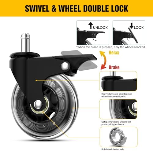 Office Chair Casters, 3" Heavy Duty Locking Wheels Universal Fit
