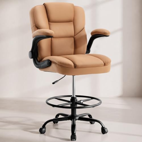 Drafting Chair 500Lbs, Tall Office Chair for Standing Desk, High PU Leather Executive Office Chair with Flip-up Armrests, Ergonomic High Chair with Adjustable Foot Ring, Comfy Stool Chairs, Brown