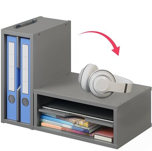 Ballucci File Organizer, 2-Tier Document Paper Sorter, Stackable Wood Desk Organizer Mail Holder, Monitor Stand with Storage Shelves, Gray