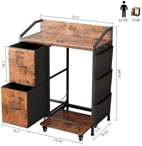 Printer Stand with Fabric Drawers, Lateral Office Filing Cabinets with Power outlets & USB Charging Port, File Cabinet with Large Printer Stands for Home Office, Shredder Stand (Rustic Brown)