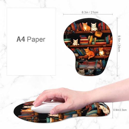 ITNRSIIET Ergonomic Mouse Pad Coaster Set with Gel Wrist Support Wrist Rest Smooth Surface Non-Slip PU Base Comfortable Office Supplies Pain Relief, 9.5 x 8.3 inches, Cat on the Desk