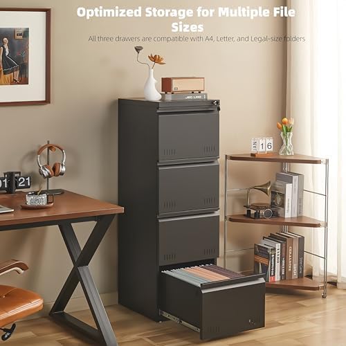 Guizeeopo Metal File Cabinet with Lock, Vertical 4 Drawer File Cabinets for Home Office, Heavy Duty Office Storage Cabinet for A4/Letter/Legal Size, Assembly Required(Black)