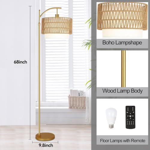 Gold Floor Lamps for Living Room Rattan Boho Floor Lamp with Remote Control & 3 Color Temperature, Dimmable Arc Floor Lamps Wicker Lamp Shades Brass Standing Lamp Tall Floor Lamp For Bedroom Corner
