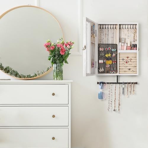 Keebofly Wall Mounted Rustic Wood Jewelry Organizer Cabinet - White