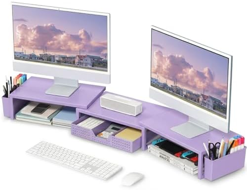 OPNICE Desk Organizers and Accessories, Dual Monitor Stand Riser with Drawer and 2 Pen Holders, Desk Shelf Printer Stand for Office Workspace Organizers, Desktop Organization (Purple)