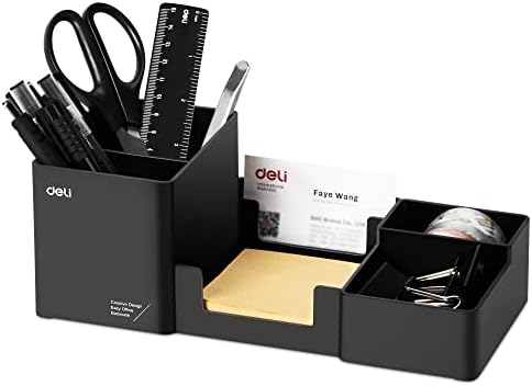 deli Desk Organizer, Plastic Desktop Organizer with Pencil Holder and Sticky Note Tray, Office Stationery Supplies Organizers Accessories Caddy, 6 Compartments, Black