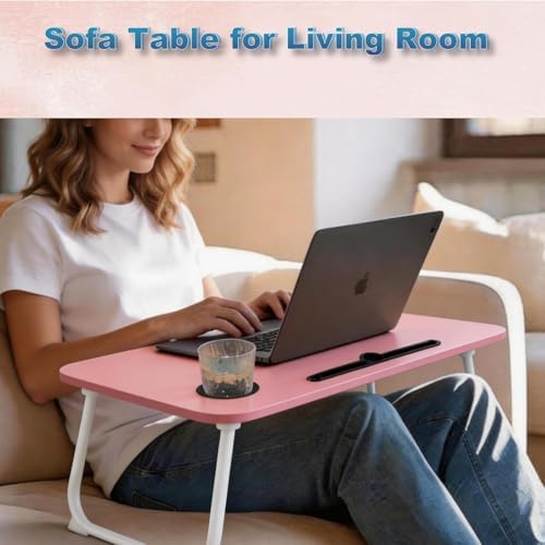 27.6" Home Office Folding Lap Desk with Drawer, Tablet Slot, Cup Holder - Fits up to 18 Inch Laptops, Bed Desk for Reading, Writing, Eating, Portable Laptop Table for Sofa, Coach, Floor (Pink)