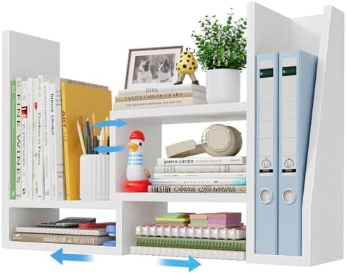 Desktop File Organizer Desk Organizer Shelf - White Office Organization Shelves for Top of Desk Organizers and Accessories Corner Bookshelf Table Top Shelving Small Hutch Decorations for Women Office