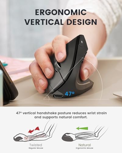 Perixx PERIMICE-813RX Wireless Rechargeable Vertical Mouse - Multi-Device spec - Duo Wired and Wireless Charging Feature -The Included Charger Compatible with iPhone, AirPods, and AirPods Pro