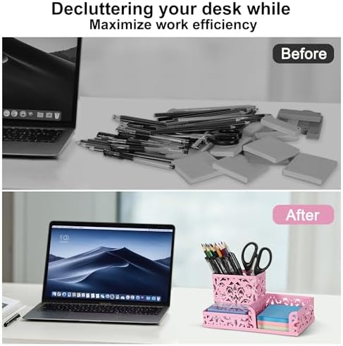EasyPAG Desk Organizer 3 Compartment Pen Holder for Desk Office Supplies Caddy with Sticky Notes Holder for School Home, Pink